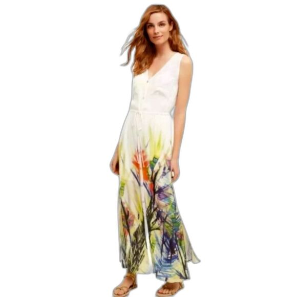 Anthropologie Mermaid Watergarden Button Front Split Sides V-neck Maxi Dress - Picture 1 of 16